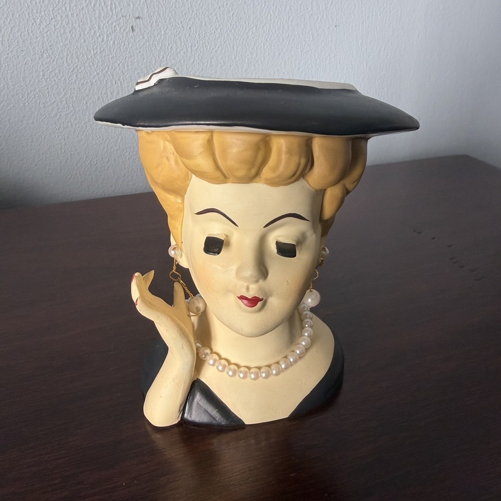 Handpainted Nippon Lady Head Planter Long Eyelashes Pearl Necklace Red Lips...